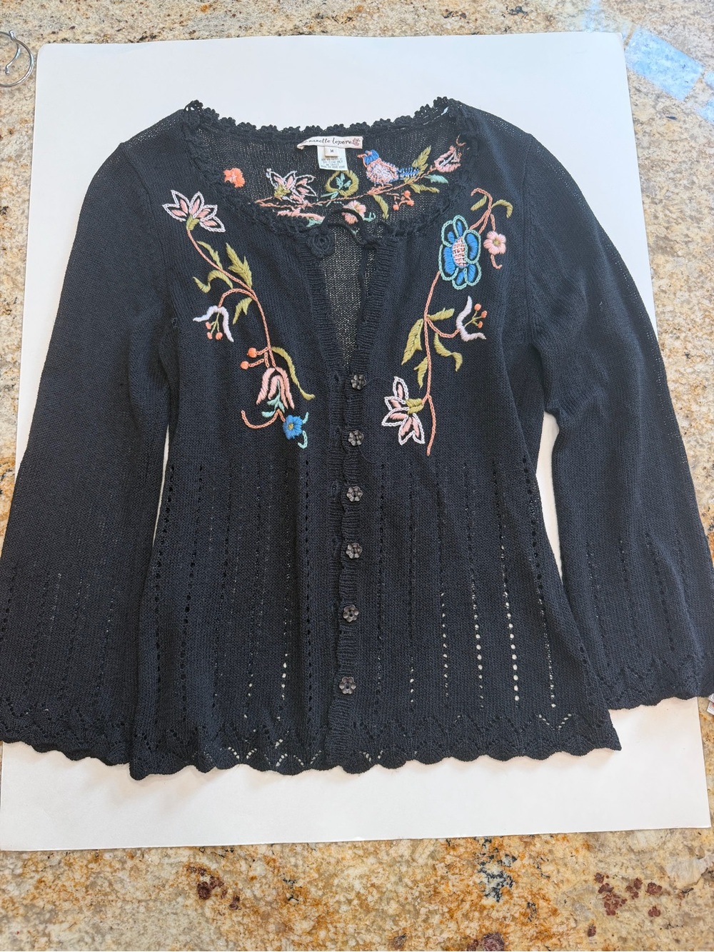 Nanette Lepore Embroidered Bird & Floral Button Front Cardigan Sweater M